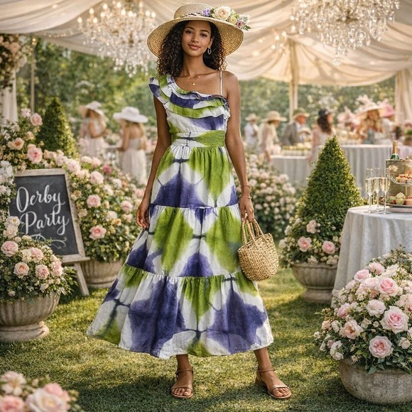 Busayo Collective Dresses & Skirts - Busayo Collective Tie Dye Maxi Dress Ruffle One Shoulder Tiered 8 Resort Derby
